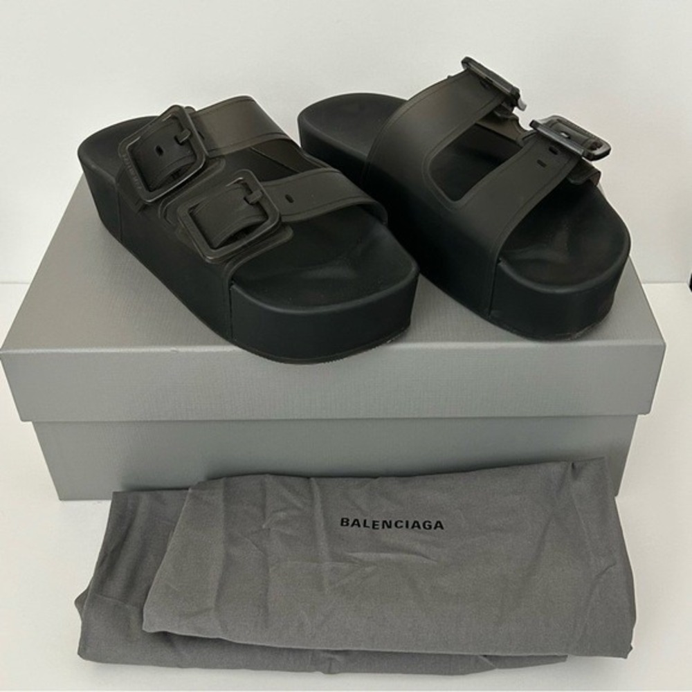 Balenciaga Black Rubber Mallorca‎ Platform Slip On Slide Sandals Size 37